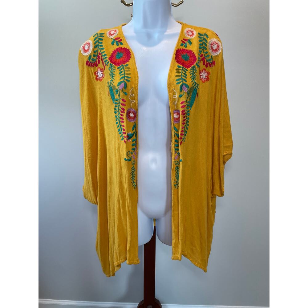 Umgee S/M Mustard Yellow Embroidered Shrug Wrap Boho Chic Lightweight Crepe